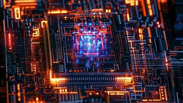 Quantum computing breakthroughs. Quantum algorithms. Entanglement. Scientific discovery. Close-up of illuminated microchip with circuits.