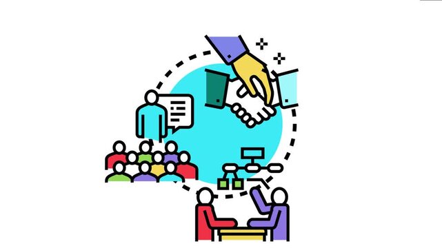 Business idioms concept presenting a vibrant color of handshake agreement, team meeting, presentation, and corporate strategy symbolizing effective communication and partnership