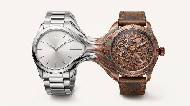 Sleek modern silver metal wristwatch seamlessly morphing into an intricate copper mechanical watch
