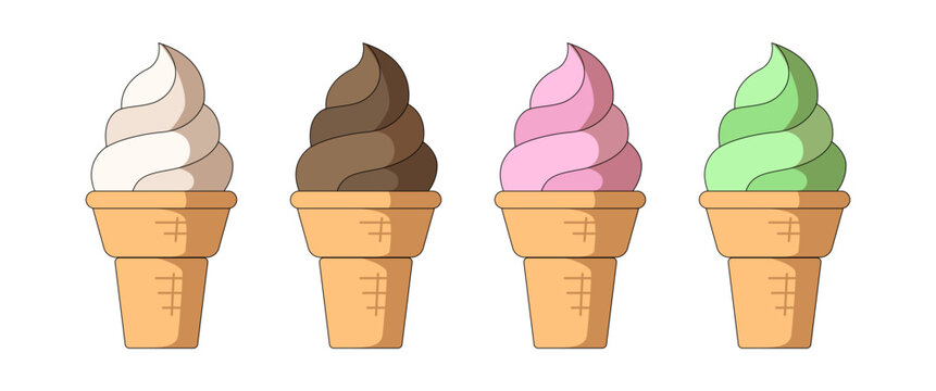 Soft Serve Ice Cream Cone Set Flat Summer Dessert Menu Icon