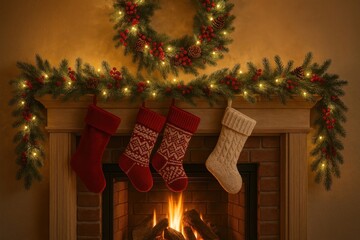 Fototapeta premium Cozy festive fireplace with stockings.