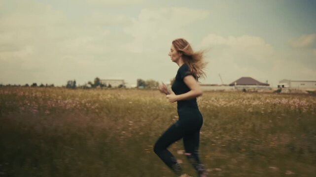Woman Runner Jogging Across Open Grass Field In Countryside. Outdoor Cardio Workout Training
