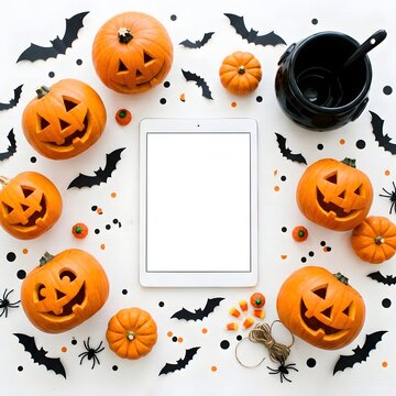 Halloween composition with carved pumpkins and blank frame mockup