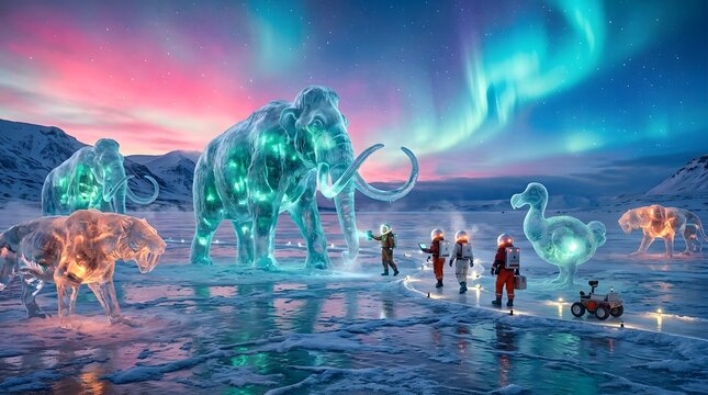 Astronauts exploring ice sculptures of extinct animals under beautiful northern lights