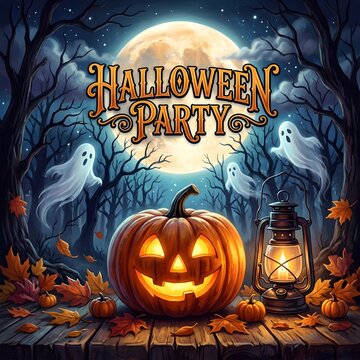 Spooky halloween night scene with jack o lantern and eerie ghostly figures