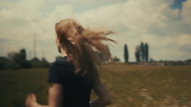 Runner Jogging In Field Against City Buildings  Side