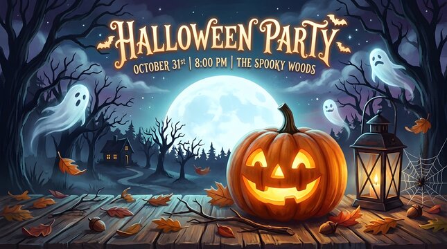 Spooky halloween night scene with jack o lantern and ghostly figures