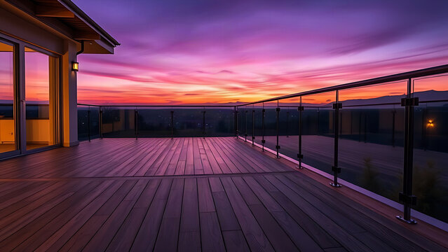 A serene wooden patio at dusk, reflecting vibrant twilight hues in its polished surface and glass railing.