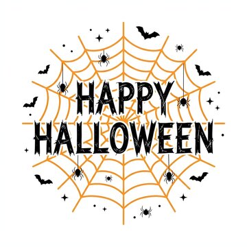 Happy halloween text with spiderweb and bats on white background