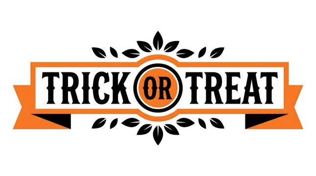 Vintage style trick or treat typography design with orange ribbon and decorative leaves for halloween holiday celebration