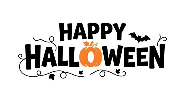 Happy halloween text design with a cute orange pumpkin and flying bat on a white background