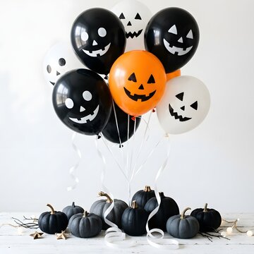 Festive halloween party decorations with balloons and miniature pumpkins displayed