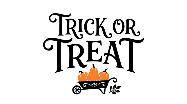 Decorative trick or treat text design with a small wheelbarrow filled with orange pumpkins for halloween celebration
