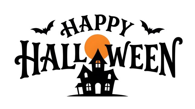 Happy halloween typography design with a spooky haunted house silhouette and bats on a white background