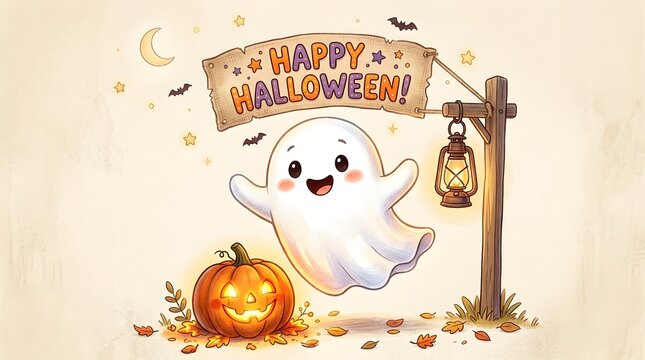 Watercolor illustration of a friendly ghost with a pumpkin and halloween sign