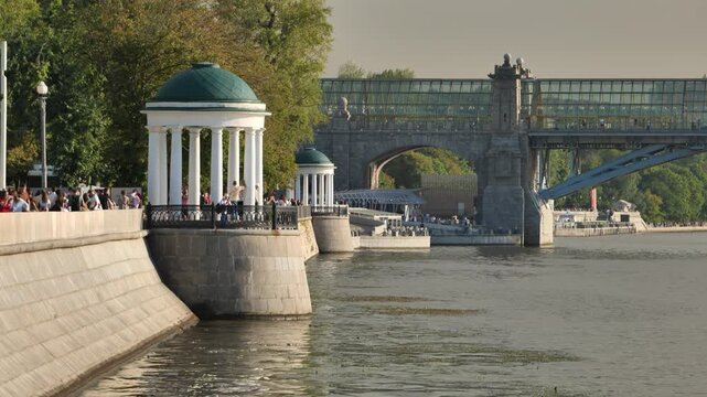 Moskva River embankment with Pushkinsky Bridge and rotunda in Gorky Park