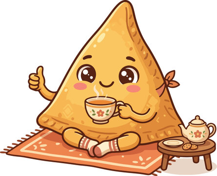 Cute samosa character and funny samosa mascot sitting on a rug drinking tea as a kawaii samosa