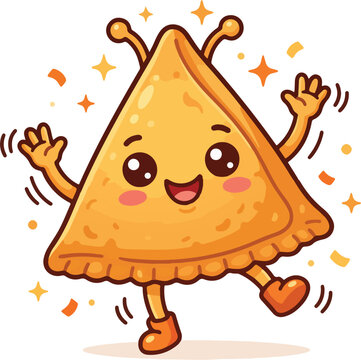 Cute samosa character and funny samosa mascot celebrating with a happy dance as a kawaii samosa vector illustration