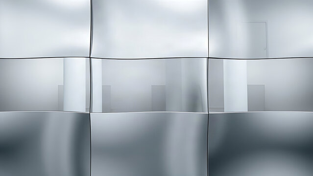 Curved metal plates reflecting a room in a minimalist composition.