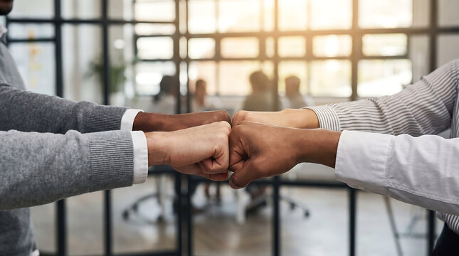 Diverse business team celebrating success with a fist bump in a modern office environment with natural light and blurred background