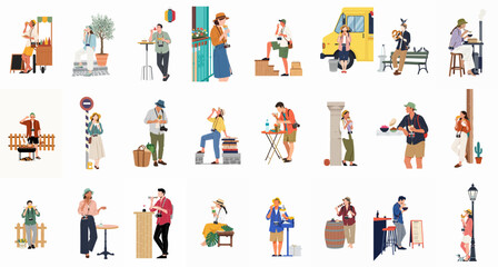Fototapeta premium Collection of People Enjoying Street Food and Outdoor Activities in a Minimalist Vector Style
