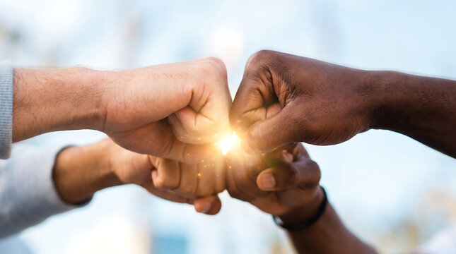 Diverse hands coming together for a powerful fist bump against a blurred city backdrop symbolizing unity and collaboration