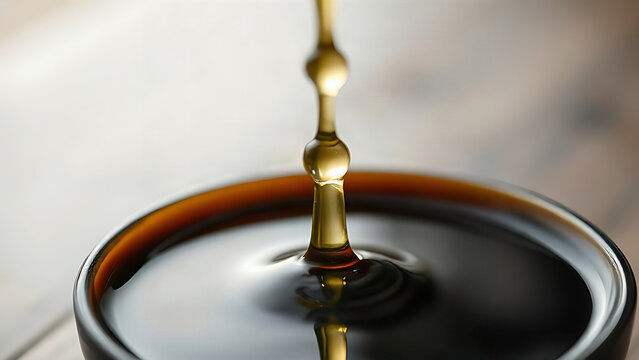 Citrus juice splashing into dark soy sauce, color contrast, minimalist composition.