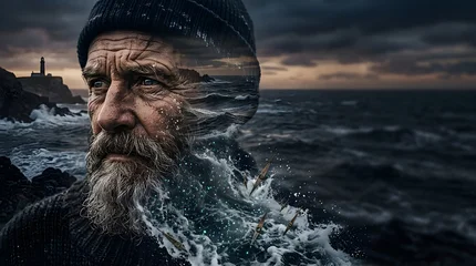 Double exposure portrait of a weathered sailor with beard merged into a stormy ocean landscape with a lighthouse © Misfar