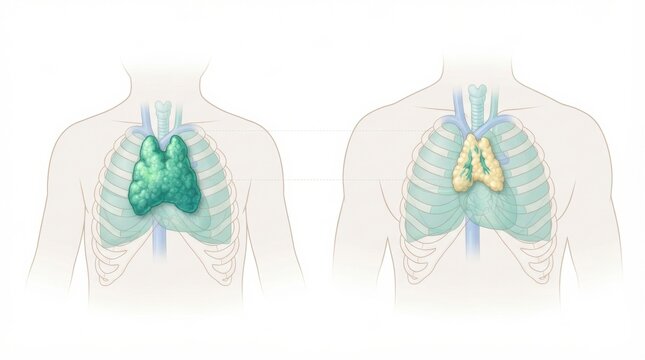 This drawing outlines key elements of the lymphatic system, highlighting lymph nodes and thymus involution.