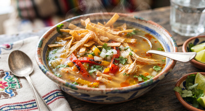 A vibrant, close-up photograph of a steaming bowl of authentic Sopa de Lima, featuring a clear, golden-hued broth infused with tart local lime juice,