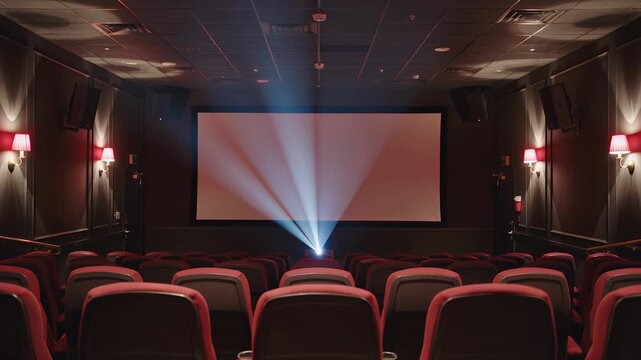 Cinema theater and empty hall with screen for movie premiere, film show and entertainment. Rows of seats, projector beam and light in auditorium for media, advertising and commercial production.