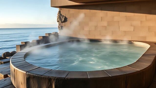 Stone bathing pool with steam at seaside spa.