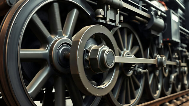 Massive driving wheels of a vintage steam locomotive captured in motion.