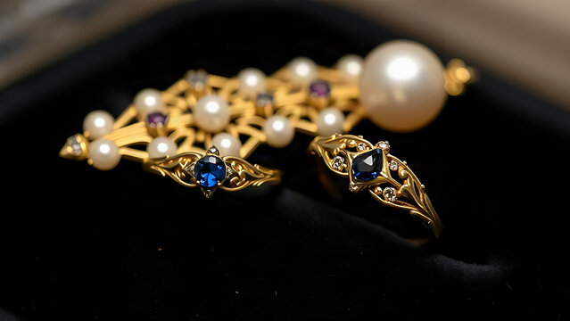 Antique gold rings with sapphires and pearl brooch on black velvet, vintage jewelry and elegance concept
