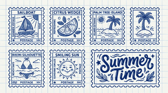 Summer vacation postage stamp collection hand drawn vector set featuring tropical icons and playful seasonal lettering designs