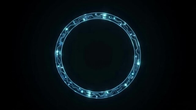 Glowing blue circular pattern with intricate digital designs set against a dark background
