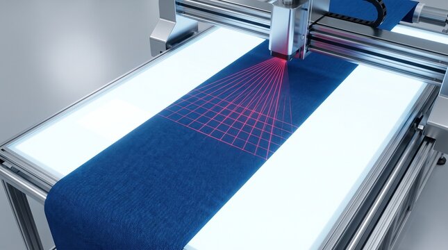 Industrial laser engraving machine working on a blue surface in a factory