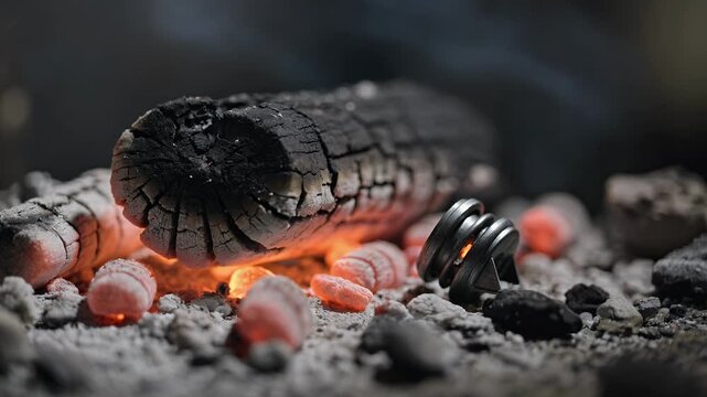 Charcoal embers, wood and glowing fire with ash for outdoor cooking, heating or energy source. Burnt logs, smoke and heat in fireplace with thermal power, industrial fuel and metal components detail