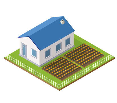 Isometric house with garden beds and fence