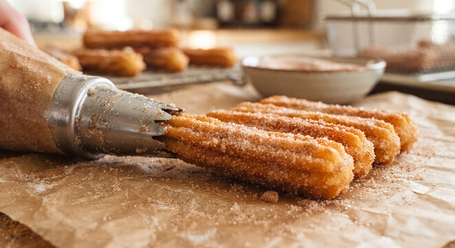 A vibrant, close-up photograph of a row of freshly fried churros emerging straight from a star-shaped nozzle, heavily coated in glittering crystals of cinnamon sugar, 