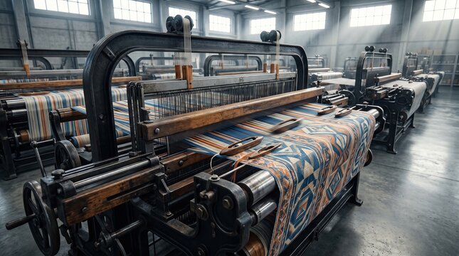Industrial textile loom machine weaving fabric in a modern cloth factory