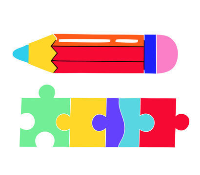 Puzzle pieces and colorful pencil for education concept