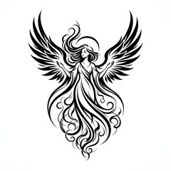 Fototapeta premium Elegant angel silhouette featuring flowing hair and majestic wings depicted in bold black tribal ink style