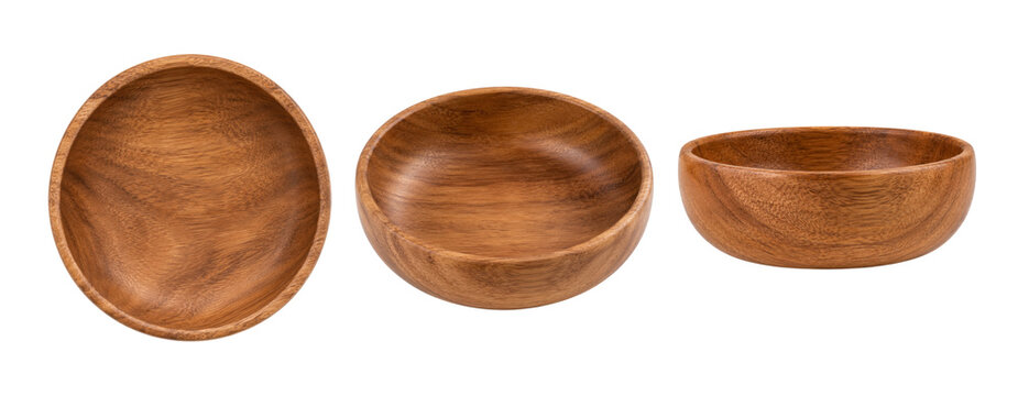 Set of polished wooden bowls shown from top, angled, and side views, featuring natural brown wood grain and smooth handcrafted surfaces isolated on a clean white background.