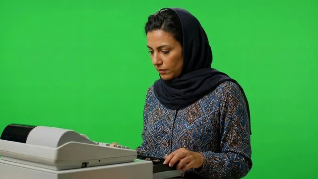 Focused woman in a patterned blouse operating a copier against a green screen background