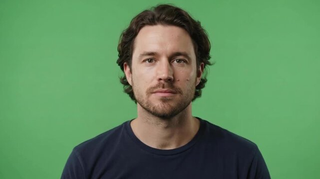 A man demonstrating facial expressions with a green background and subtle emotions conveyed