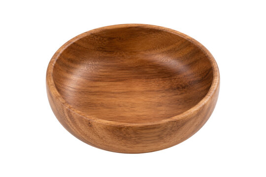 Polished round wooden bowl with natural brown wood grain and smooth curved edges, isolated on a clean white background.