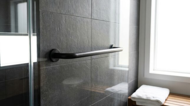 Bathroom shower with a modern grab bar on slate tiles, promoting safety, independence, and inclusive design for all