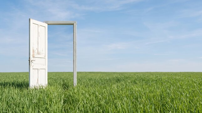 Door opened in grass to the sky