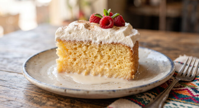 &nbsp;A vibrant, close-up photograph of a thick slice of Tres Leches cake on a ceramic plate, capturing a small pool of rich, sweet milk seeping out from the base of the delicate sponge cake.
